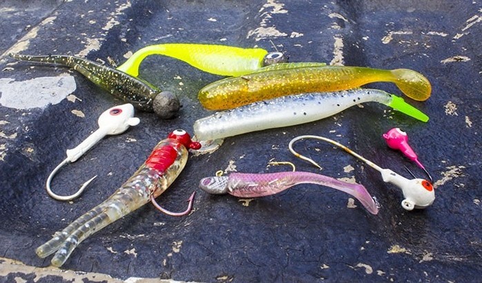 Surf fishing for speckled trout - assortment of soft plastic lures