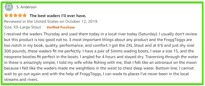 Frogg toggs Anura II waders - customer review 5 out of 5 stars