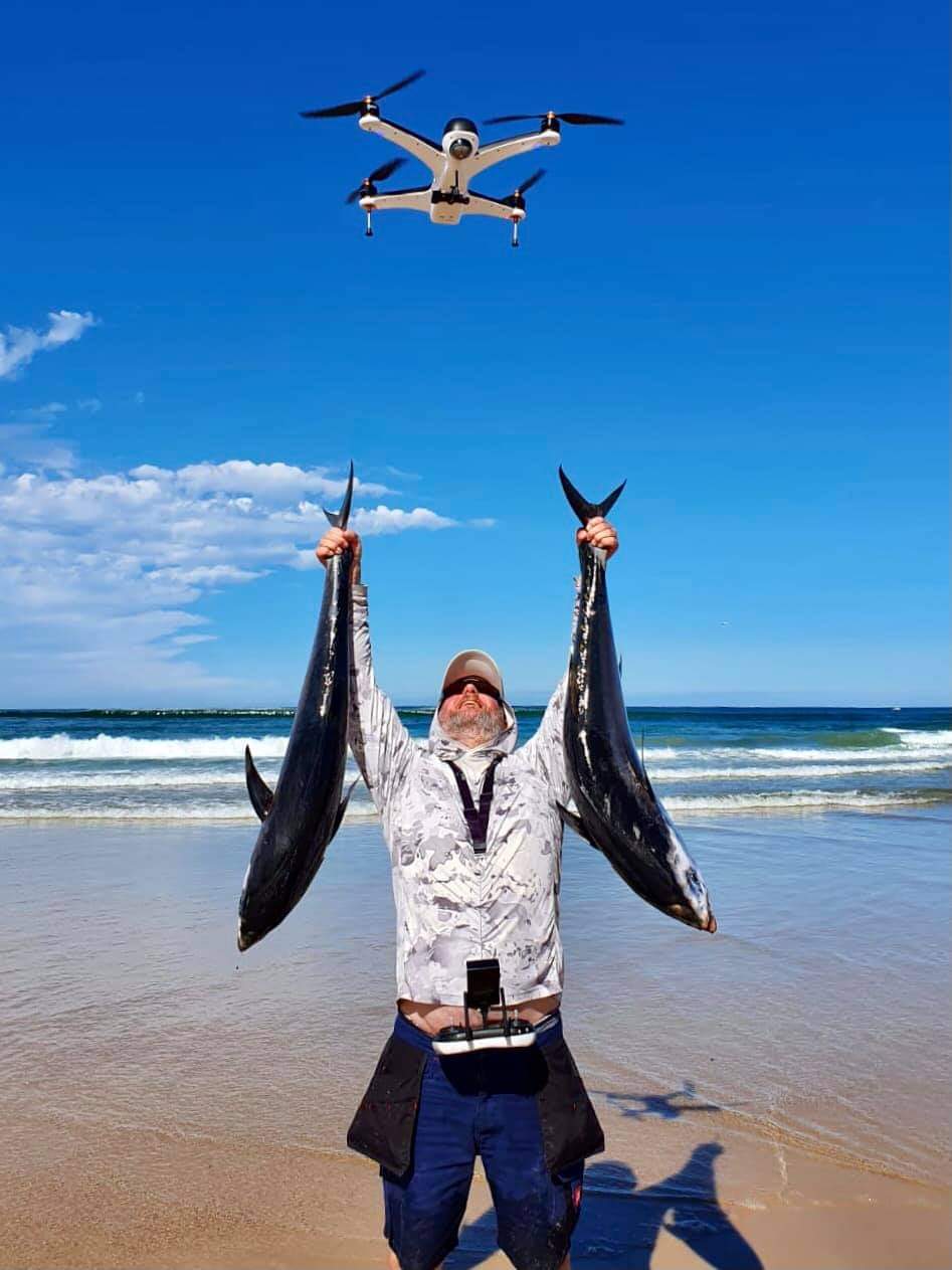 drone fishing for Tuna from the beach