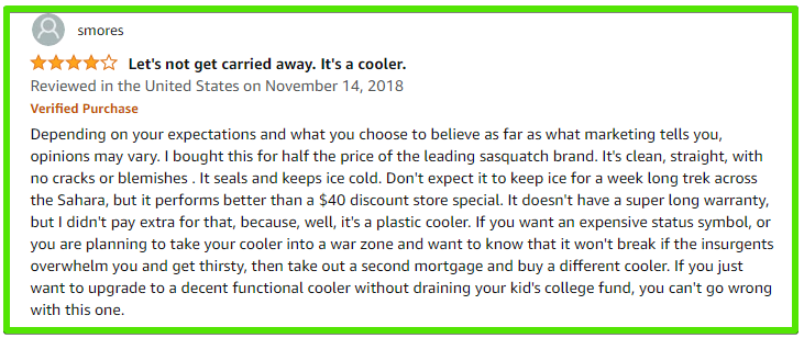 Amazon customer review of the RTIC 65 Hard side cooler