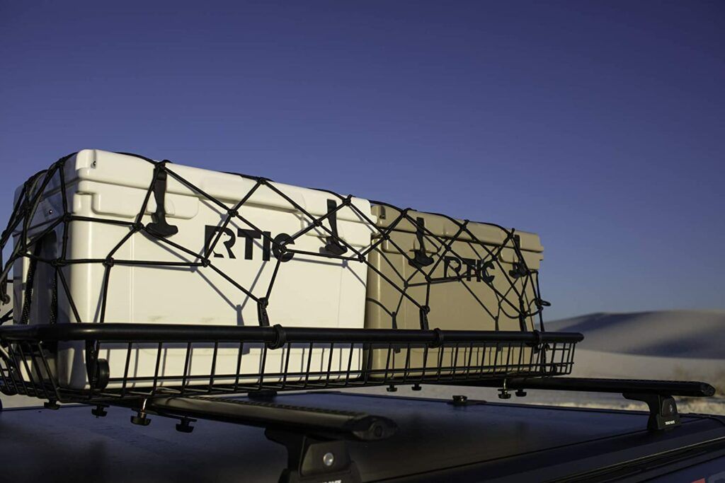 RTIC coolers tied down on a roof top rack
