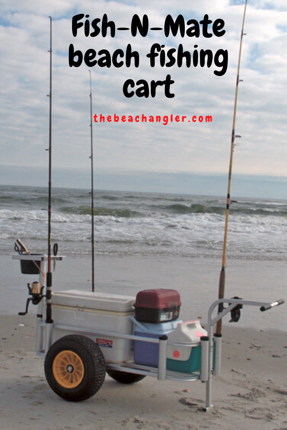 FISH N MATE SR BEACH CART ON THE BEACH AND LOADED WITH GEAR
