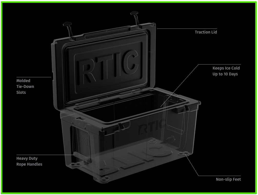 RTIC 65 Hard Cooler features diagram