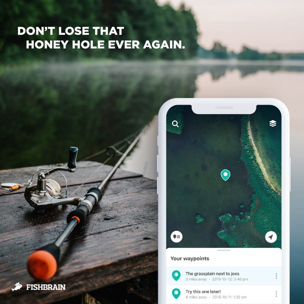 How to find fish - fishbrain fishing app on a smart phone with a rod and reel on a pier at the lake 