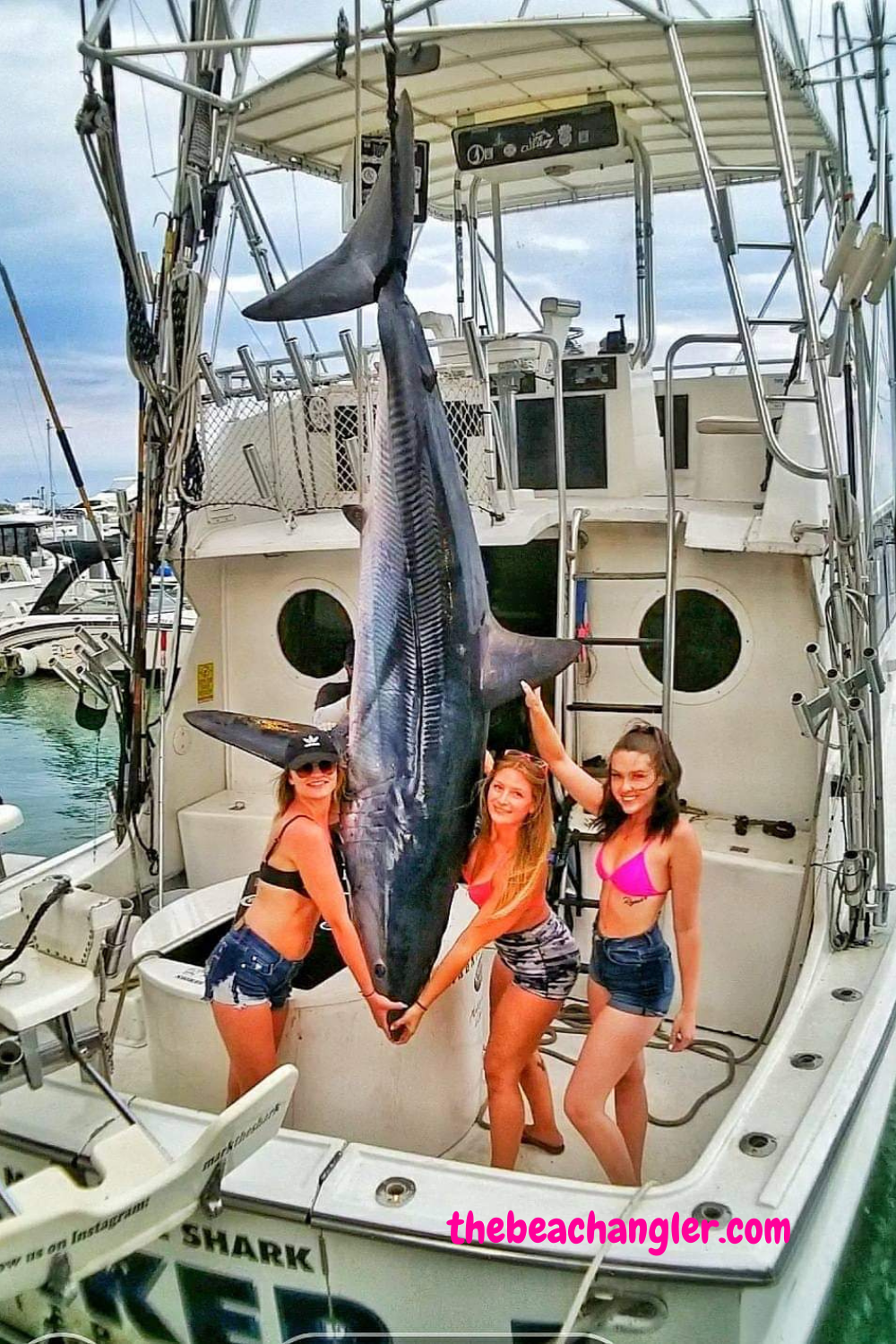 Three young ladies with a huge Mako Shark