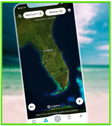 Where to fish when surf fishing - photo of the fishbrain app with satellite image of Florida Coast