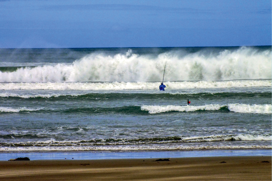 cold weather surf fishing - fisherman wading far out into the surf while staying dry with his waders