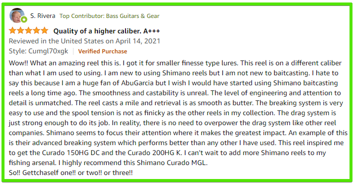 Shimano Curado MGL bait casting reel customer review. 5 out of 5 stars.
