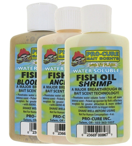 Pro-Cure bait scents in shrimp, anchovy and bloody tuna