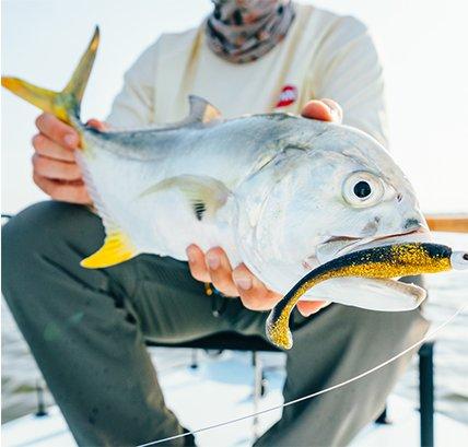 Man with a nice jacke crevalle caught with a berkley gulp mullet