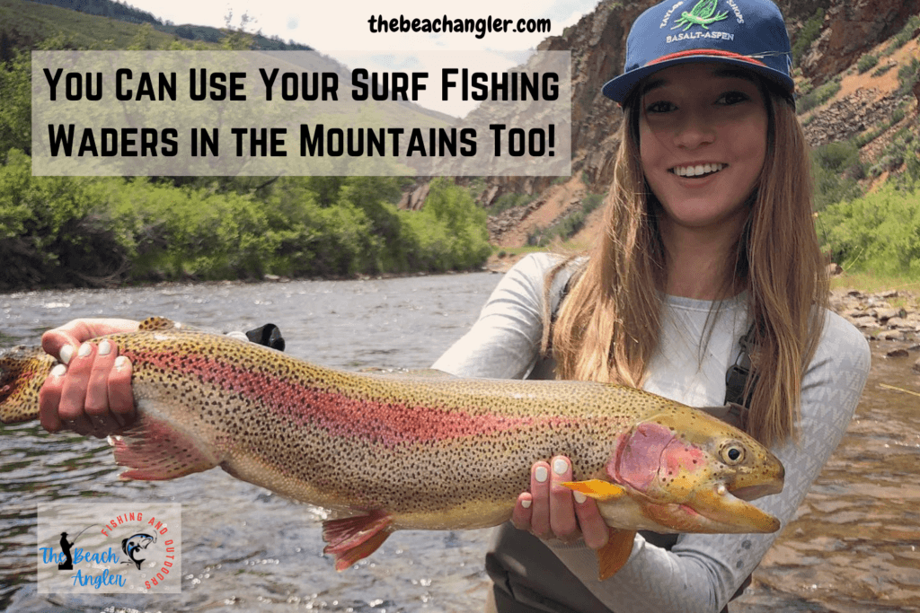 surf fishing waders - young lady with a nice rainbow trout caught from a mountain stream using the same breathable waders she uses to fish the surf