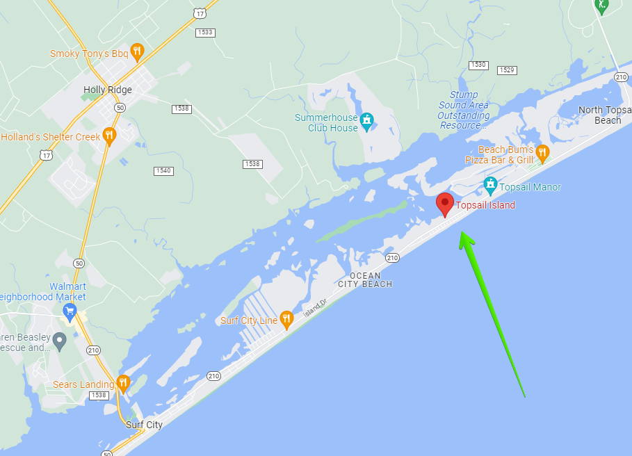 Surf Fishing North Carolina - Google map of Topsail Island North Carolina