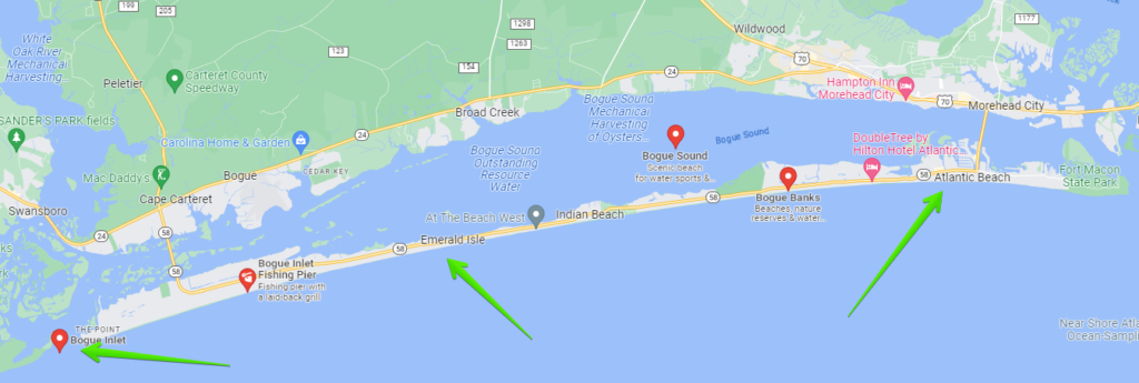 Surf Fishing North Carolina - Google map of Bogue Inlet North Carolina