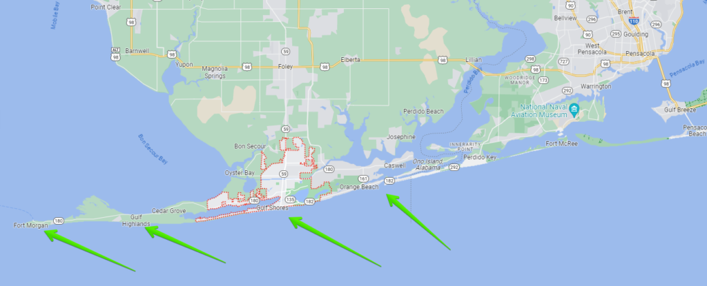 surf fishing Gulf Shores Alabama - Google map of the Gulf Shores area with tops surf fishing spots