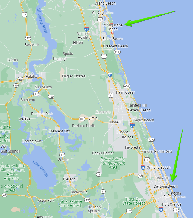 map of Daytona and St. Augustine beaches in Florida