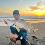 Surf fisherman kneeling on the beach holding up a nice snook caught from the surf