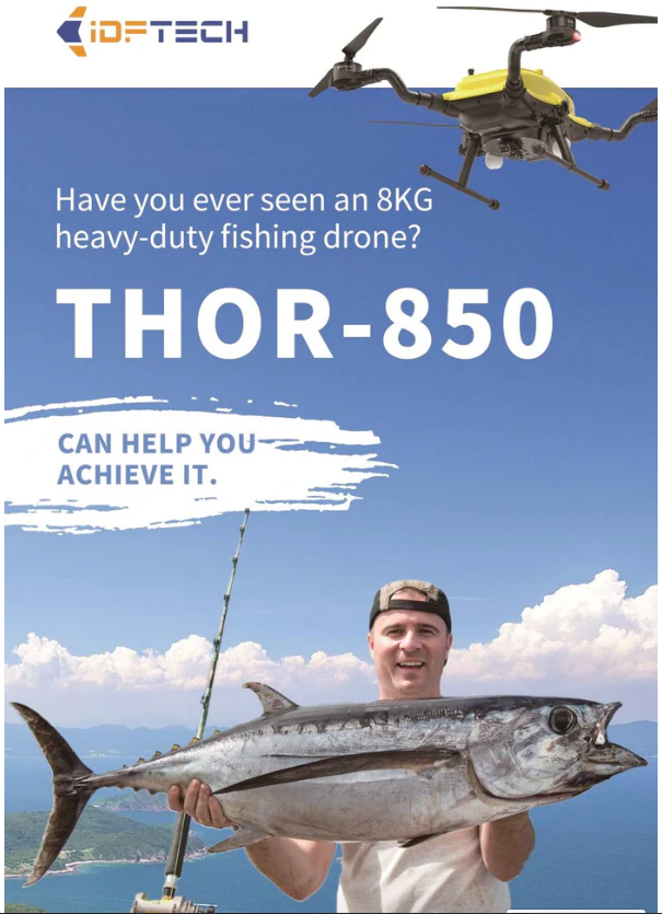 Thor 850 Heavy Lift Fishing drone - Fisheman standing on the beach with a large Tuna caught using his Thor 850 drone