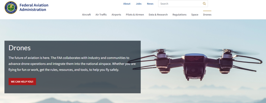 Screenshot of the FAA Unmanned Aircraft Systems regulations home page