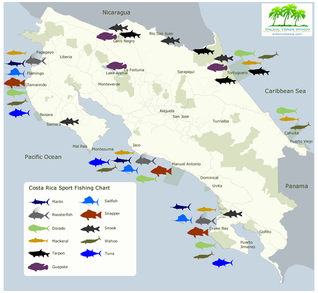 beach fishing costa rica - map of the best fishing destinations in Costa Rica