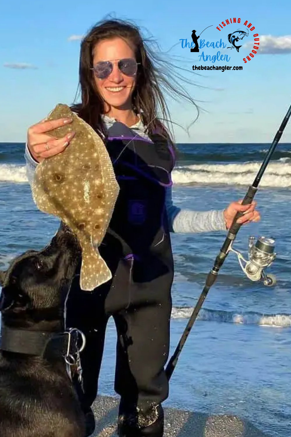 Lady angler and her dog with a nice flounder caught from the surf