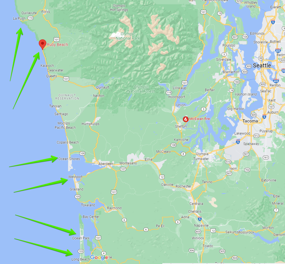 Surf fishing the Washington coast - google map with arrows pointing to the top 6 surf fishing location along the washington coast