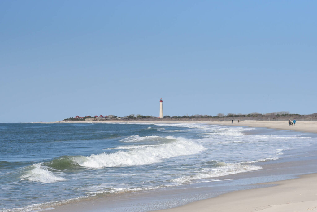 Cape May beach in New Jersey with the lighthouse in the background