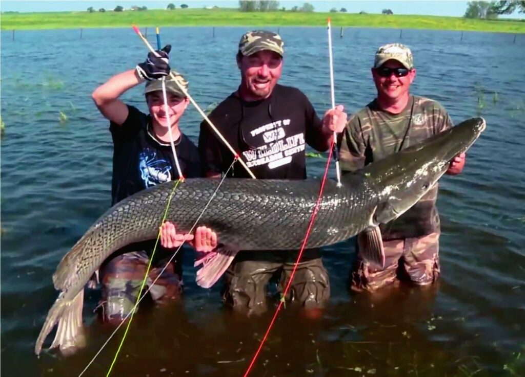 Bowfishing for alligator gar - three fisherman holding a large alligator gar caught while bowfishing