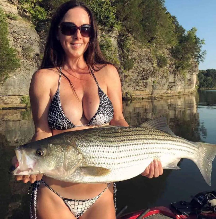 Bikini clad lady angler holding a very large striped bass