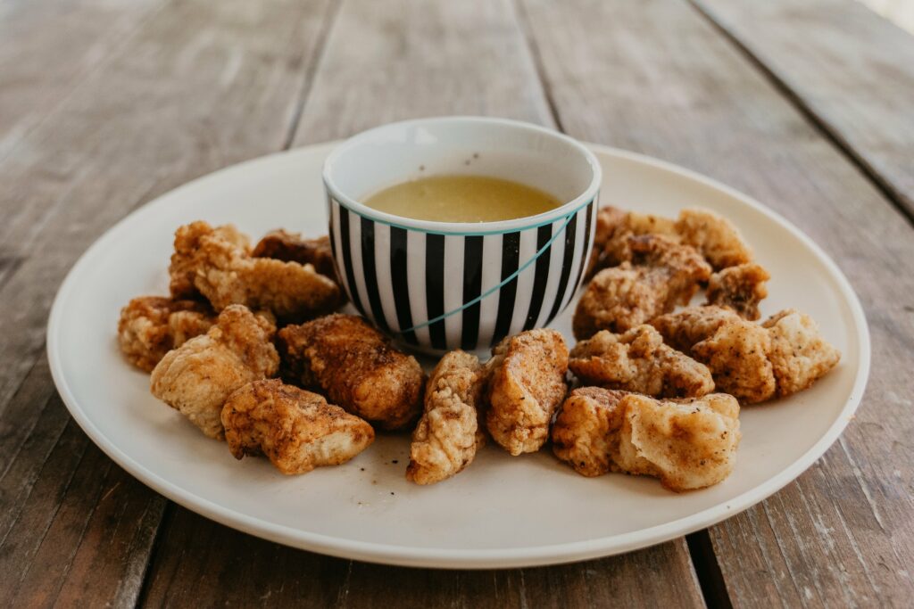 A plate of fried alligator gar nuggets - fishing for alligator gar