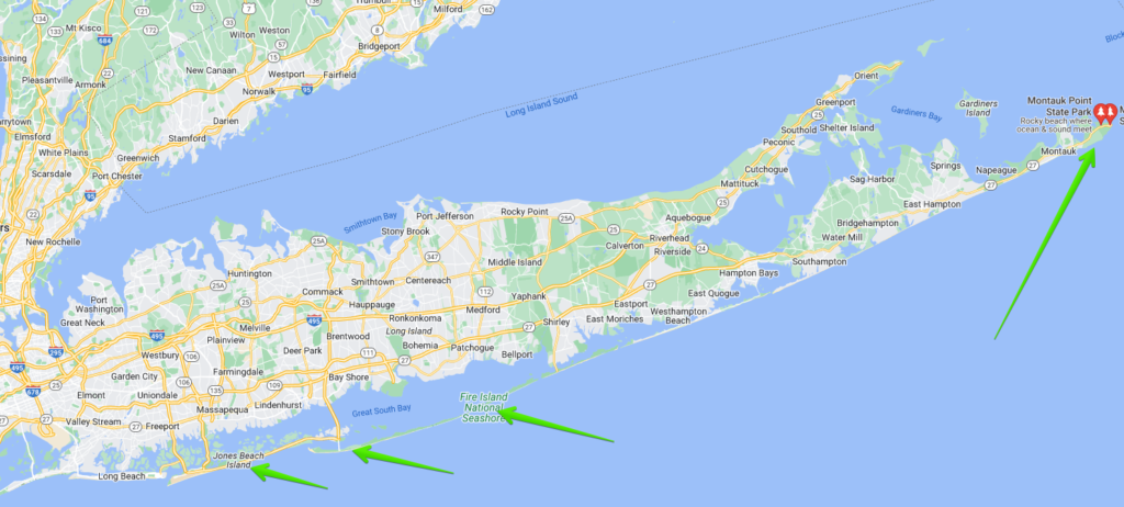 Surf fishing on Long Island New York - Google map with the top 4 surf fishing locations on Long Island