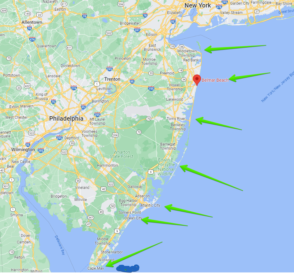 Surf fishing in New Jersey - Google map of New Jersey with arrows pointing to the top surf fishing destinations in the state