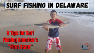 Surf fishing in Delaware featured image - young boy angler with a nice sandbar shark he caught surf fishing in Delaware.
