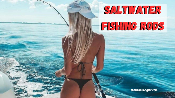 Saltwater Fishing Rods - Bikini clad lady angler standing at the back of a boat checking on her saltwater trolling rod.