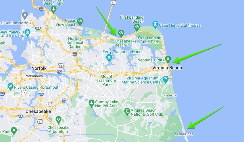 Surf fishing in Virginia Beach - Google Map of the Virginia Beach area with surf fishing locations marked with green arrows