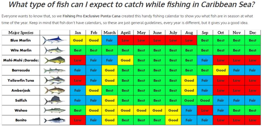 Fishing Calendar for Puerto Rico gives the fish species the best months to catch them.