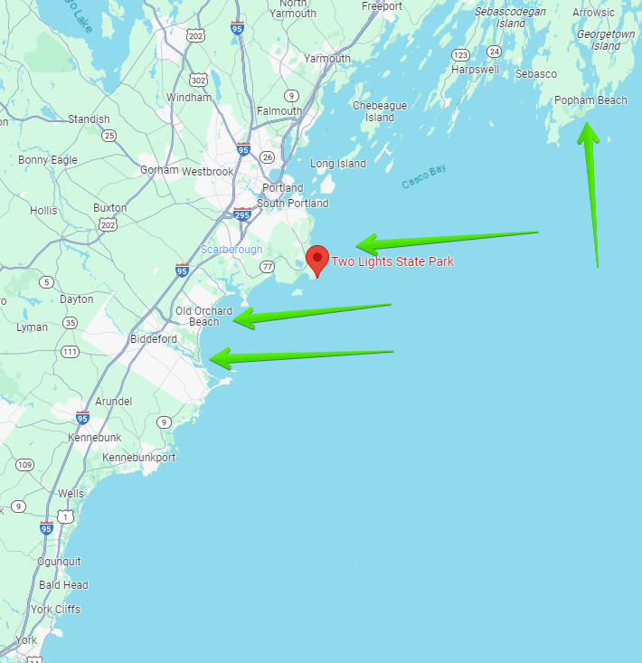 Surf Fishing Maine - Google Map of the coast of Maine showing top surf fishing areas