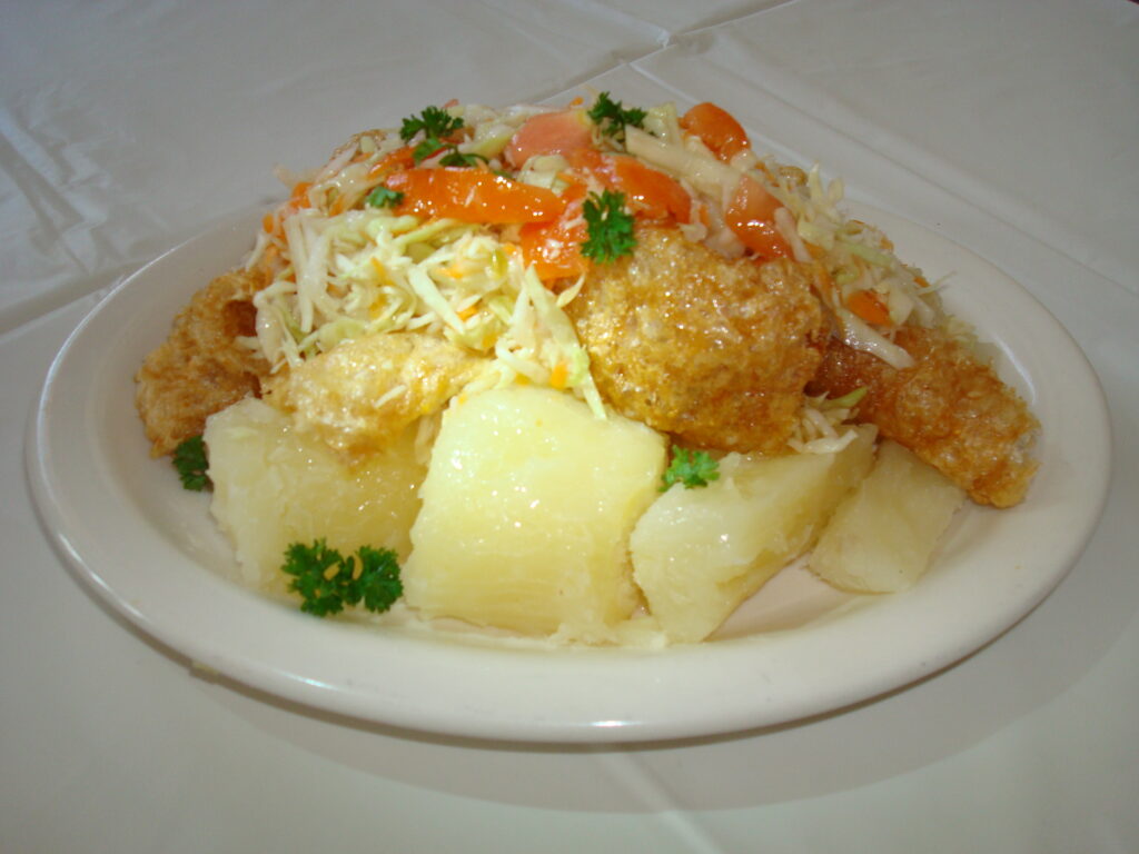 Vigoron a dish of yucca, cabbage salad, and fried pork rinds a favorite in Nicaragua