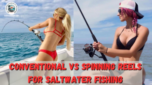 conventional vs spinning reels for saltwater fishing - One lady angler fighting a fish using a conventional reel and another sitting on the boat waiting for a bite using a spinning reel