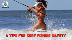 Surf fishing safety - Lady angler jumping a wave while holding her rod and reel and surf fishing
