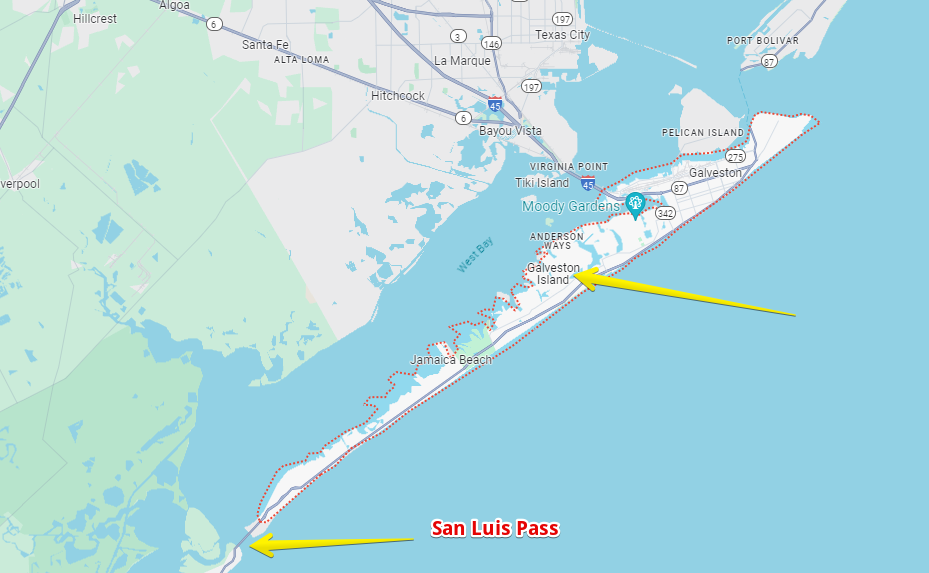 fishing galveston island - google map of Galveston island