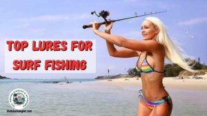 Top saltwater lures for surf fishing featured image - bikini-clad lady angler wading in the water off the beach and in the process of casting her lure into the surf.