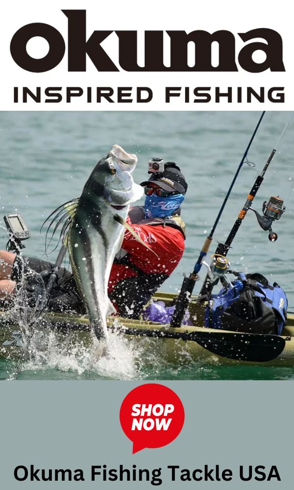 Okuma Fishing USA banner showing kayak fisherman landing a large Rooster Fish
