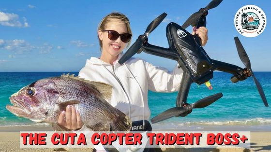 Landy angler on the beach holding a nice fish and her Cuta Copter Trident Boss waterproof fishing drone