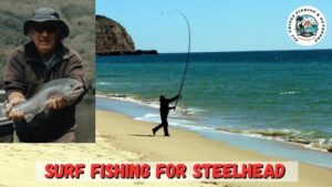 surf fishing for steelhead featured image. Angler casting from the beach and an inset photo of him holding a nice steelhead caught in the surf