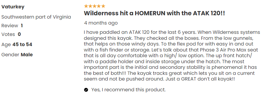 Customer 5 star review for the Wilderness Systems ATAK 120 fishing kayaks