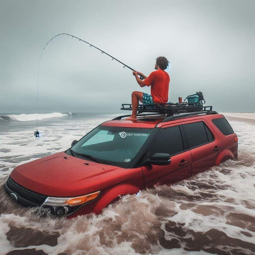 saltwater fishing for beginners - man fishing off the roof of his SUV while the surf is washing in around it