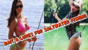 Bait and lures for Saltwater fishing showing a lady angler fishing with a plastic worm and another lady angler with a crankbait snagged on her shorts