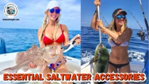 Essential Saltwater Accessories - Lady angler holding up a nice Mahi Mahi using a gaff while another lady angler holds a nice grouper with a fish gripper tool.