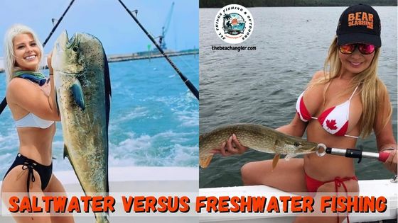 saltwater versus freshwater fishing - images of lady angler with a niche Mahi Mahi opposite lady angler with a large northern pike