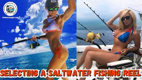 Selecting a Saltwater Fishing Reel - split photo of two lady anglers one fishing with a saltwater spinning reel and the other with a conventional trolling reel